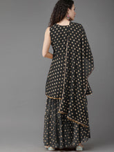 Women Black Ethnic Motifs Printed Empire Kurta with Sharara & With Dupatta-AHKUDUSH-COMBO-378